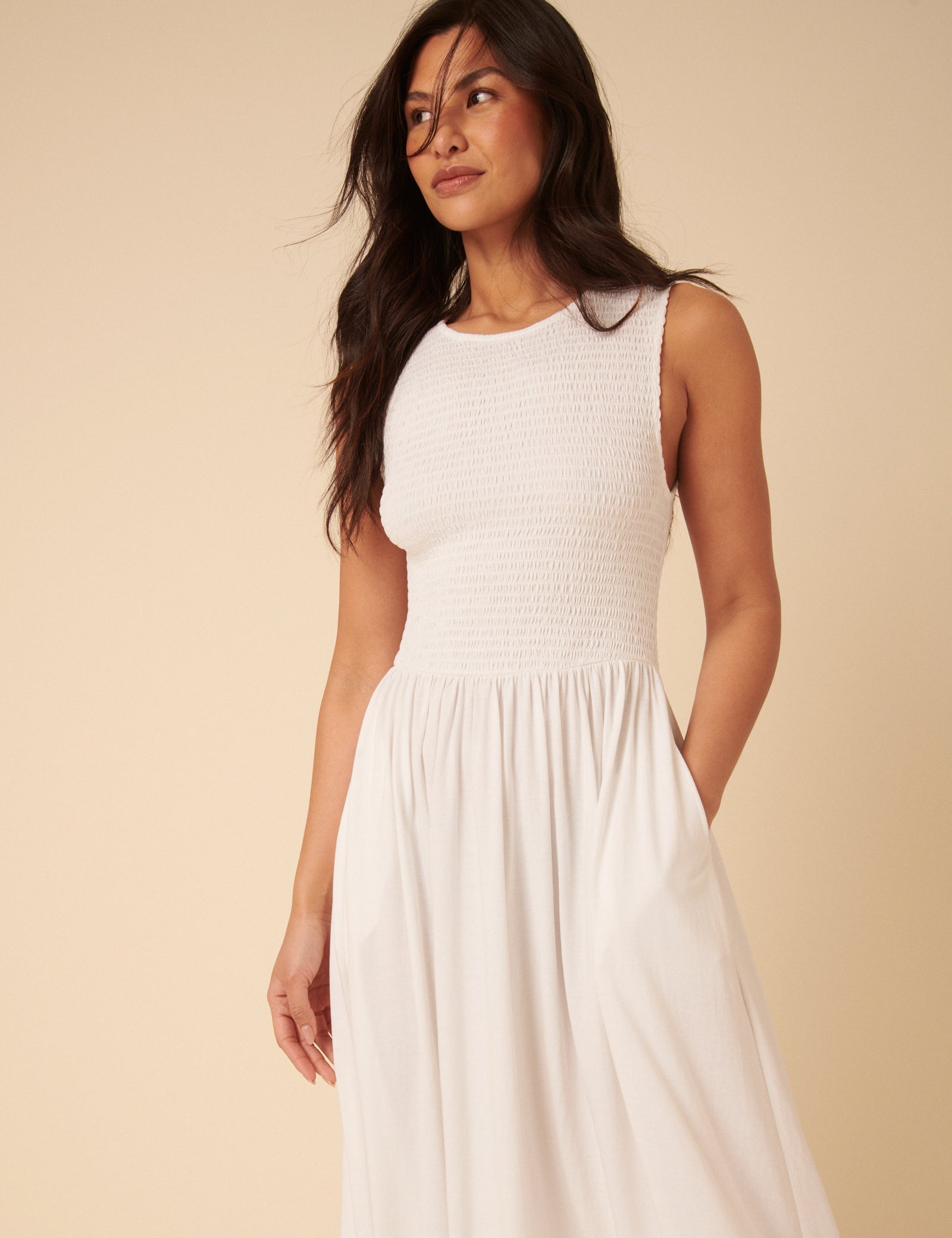 White Shirred Bodice Billie Midi Jersey Dress