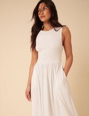 White Shirred Bodice Billie Midi Jersey Dress