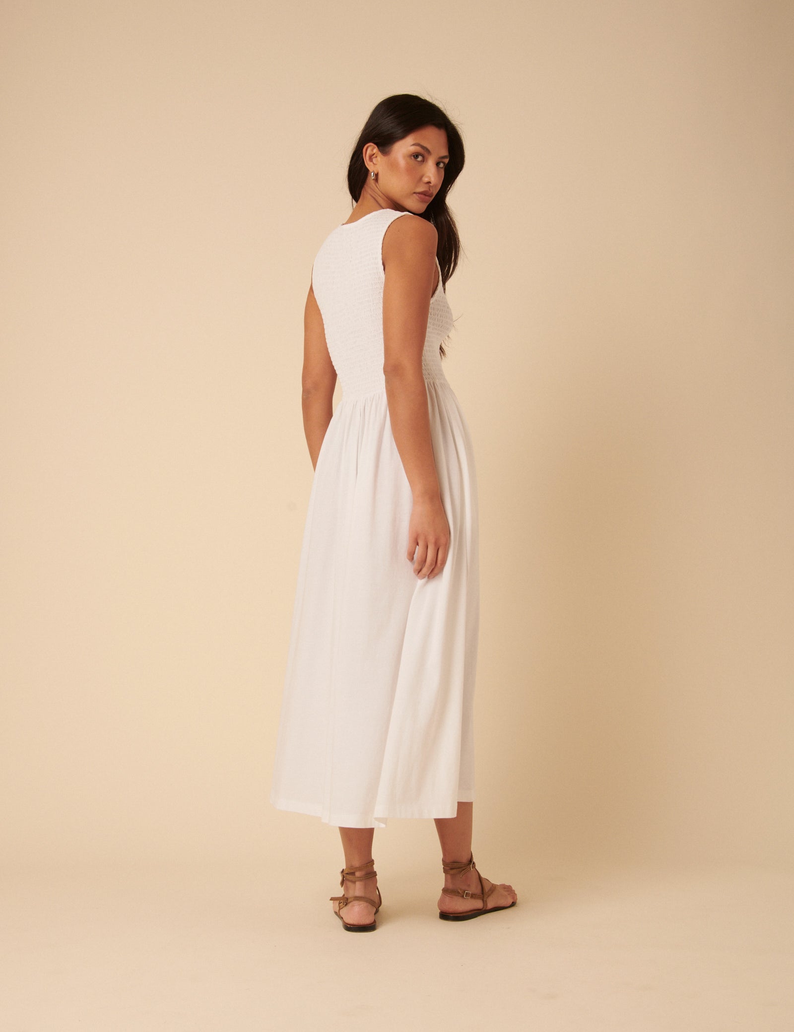 White Shirred Bodice Billie Midi Jersey Dress