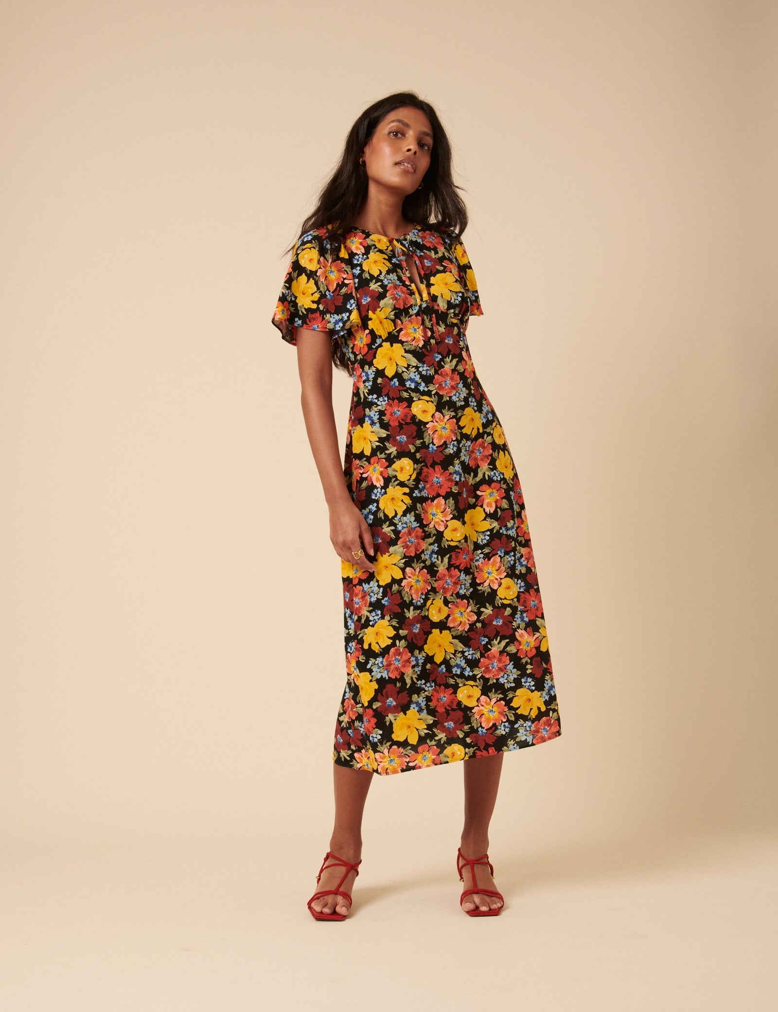Black Floral Anna Midi Dress