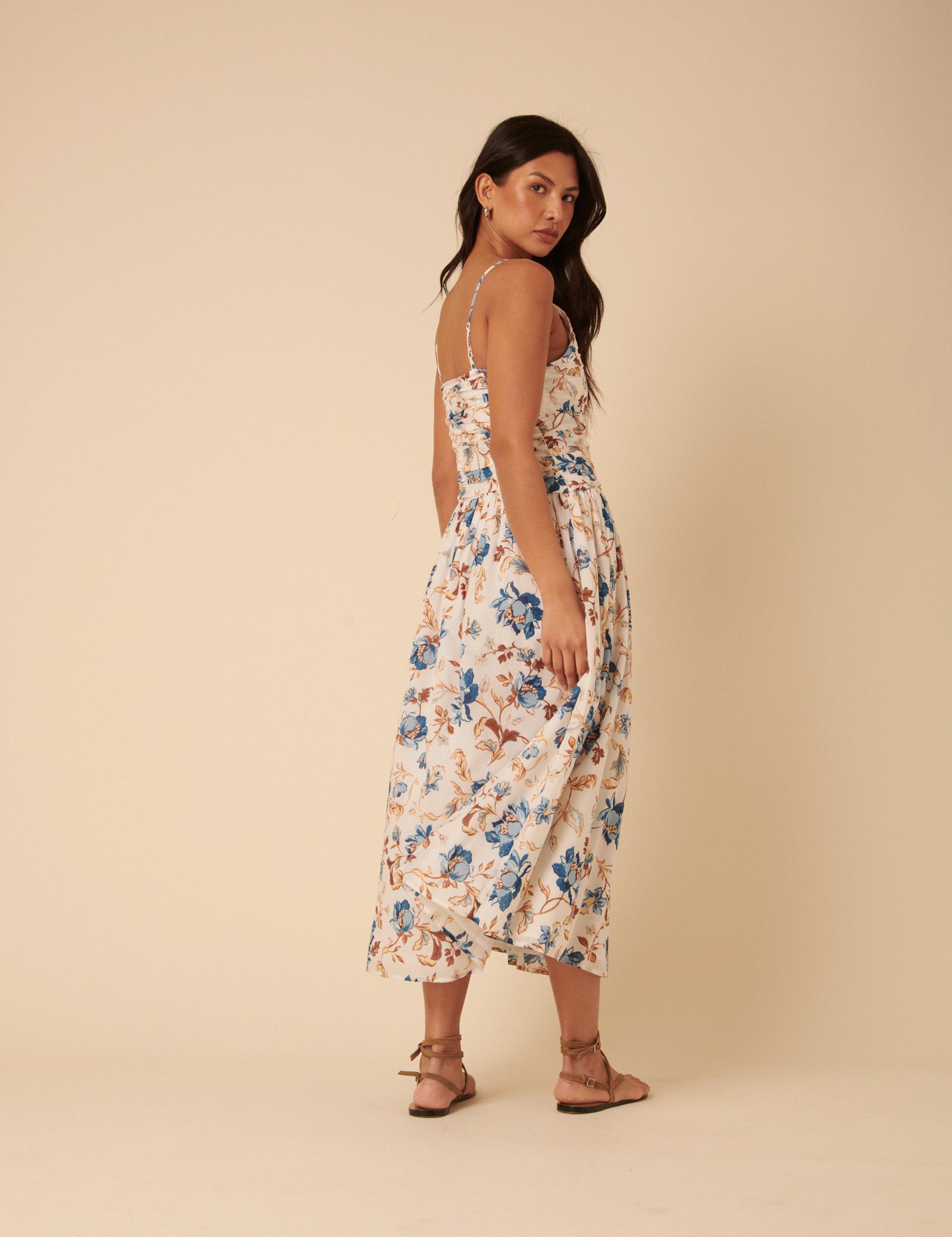 White Floral Ruched Talia Midi Dress