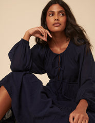 Navy Tie Front Tiered Adley Midi Dress