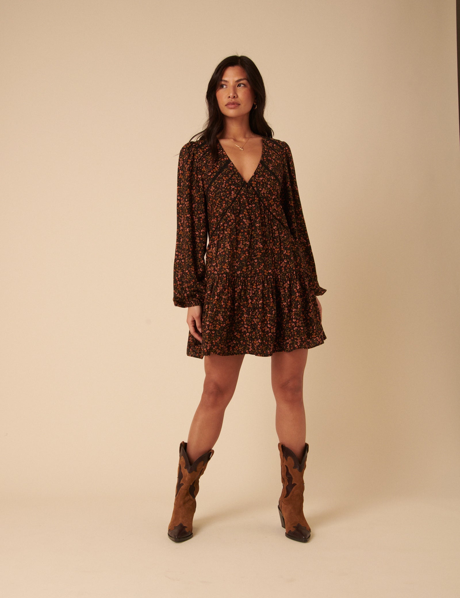 Black Ditsy Floral Long Sleeve Marley Mini Dress
