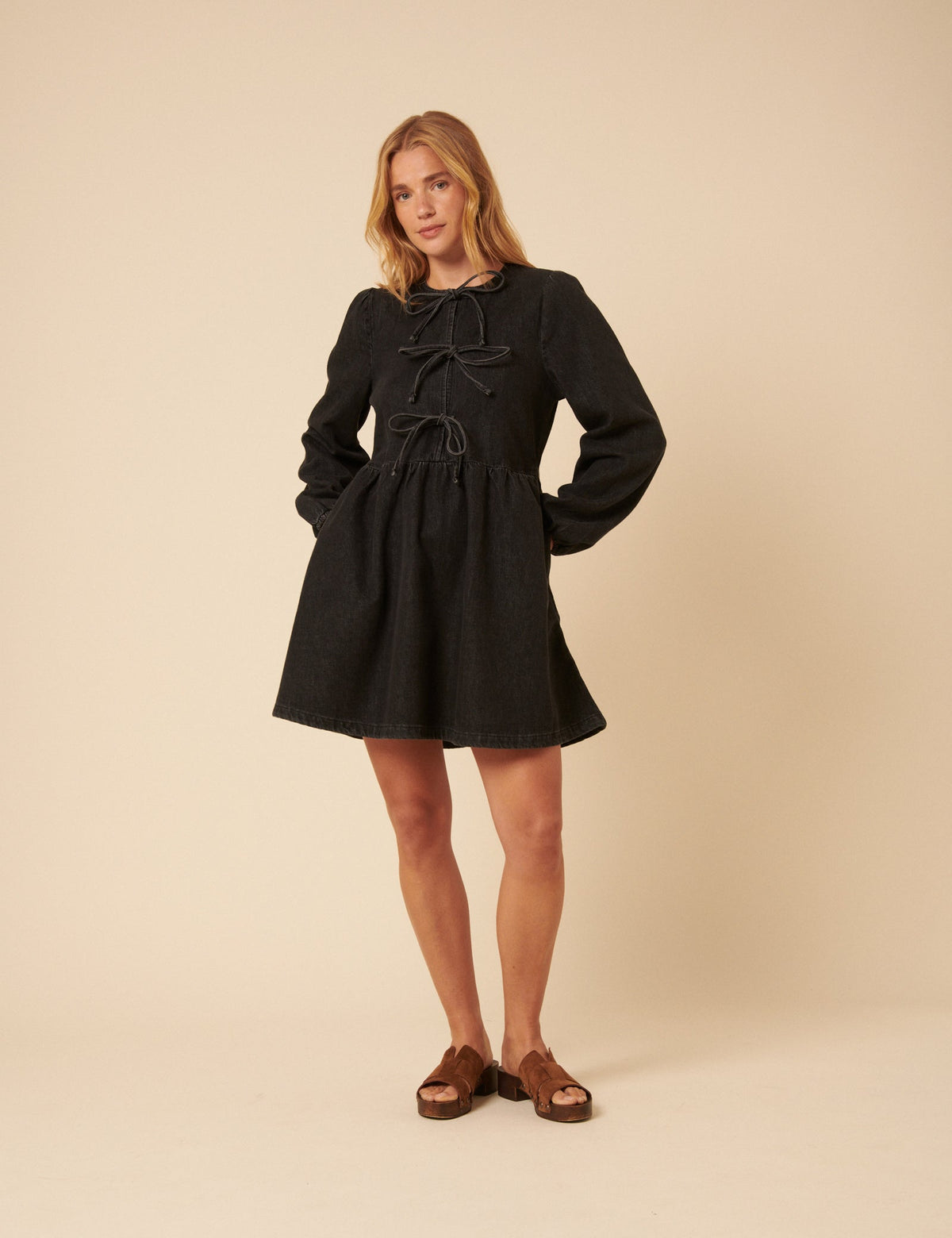 Black Denim Tie Front Eden Mini Dress