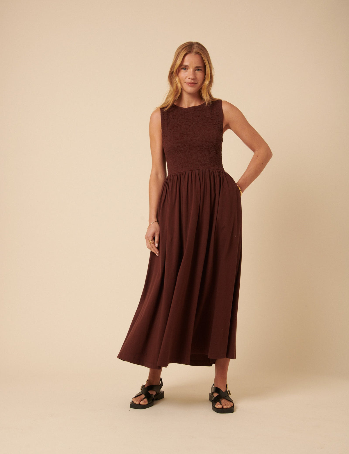 Brown Shirred Bodice Billie Midi Dress