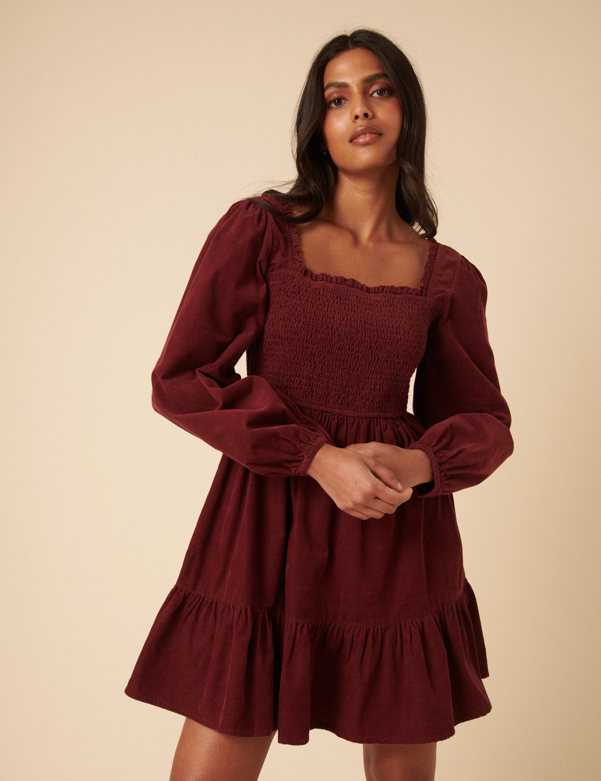 Burgundy Balloon Sleeve Cord Tiered Elsa Mini Dress