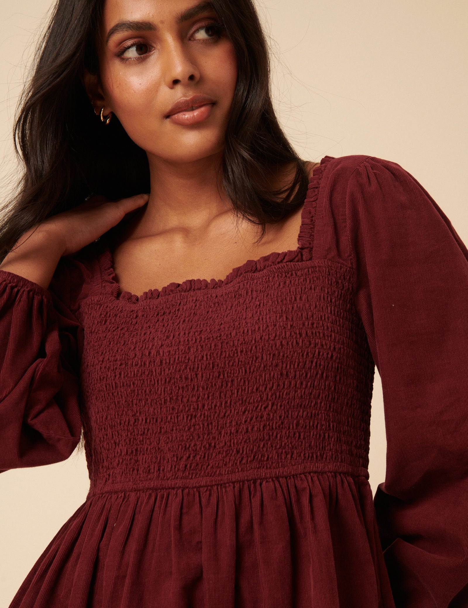 Burgundy Balloon Sleeve Cord Tiered Elsa Mini Dress