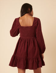 Burgundy Balloon Sleeve Cord Tiered Elsa Mini Dress