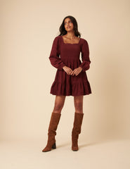 Burgundy Balloon Sleeve Cord Tiered Elsa Mini Dress