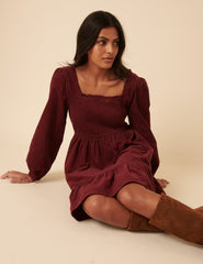 Burgundy Balloon Sleeve Cord Tiered Elsa Mini Dress