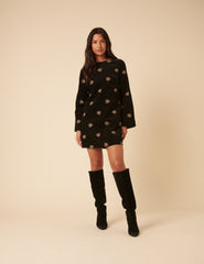 Black Floral Embroidered Saravejo Cord Mini Dess