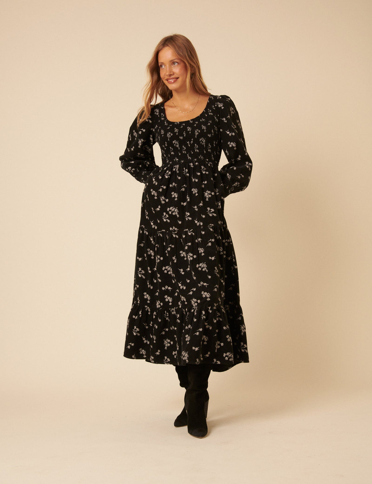 Black Floral Embroidered Cord Ruby Midi Dress