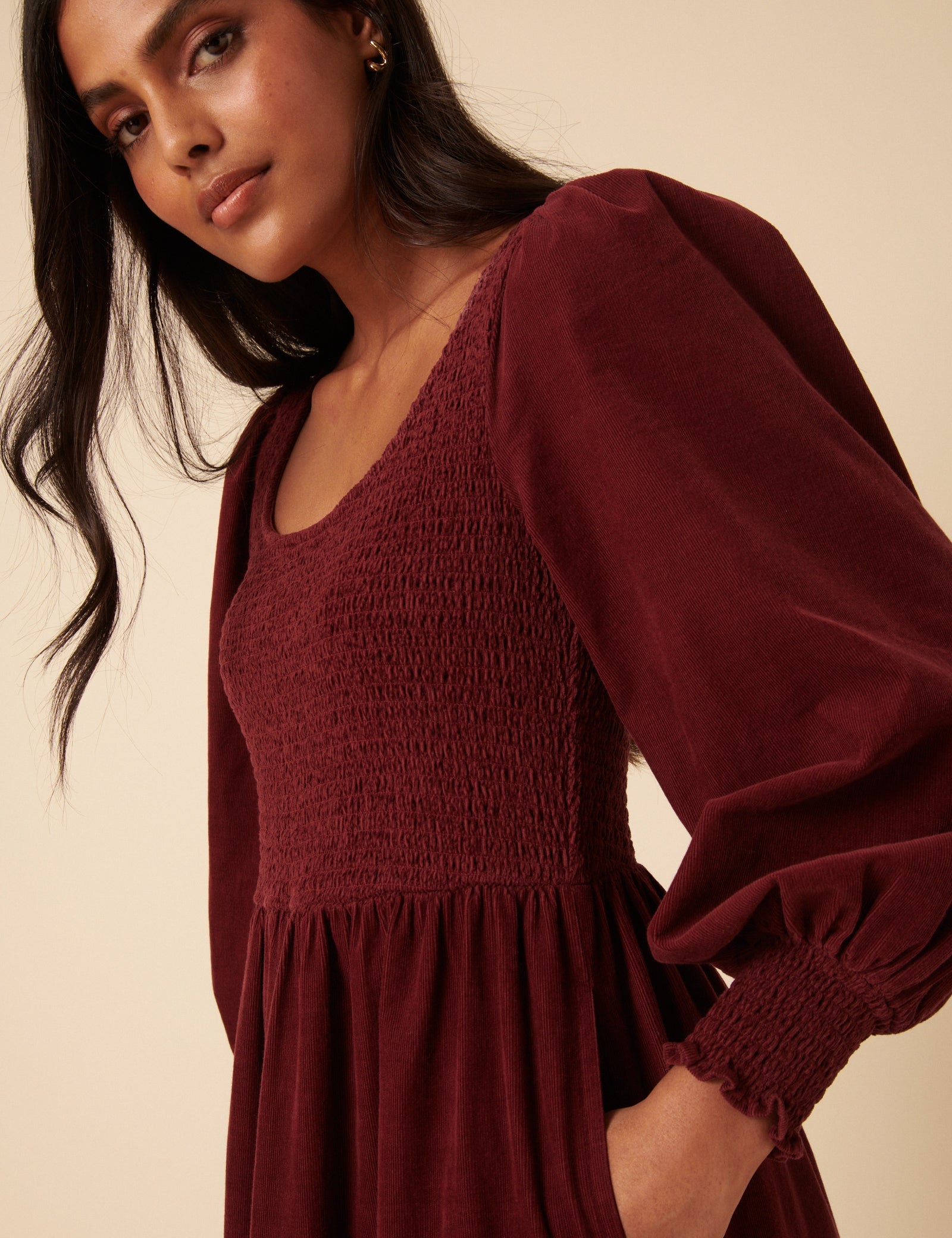 Burgundy Cord Tiered Ruby Midi Dress