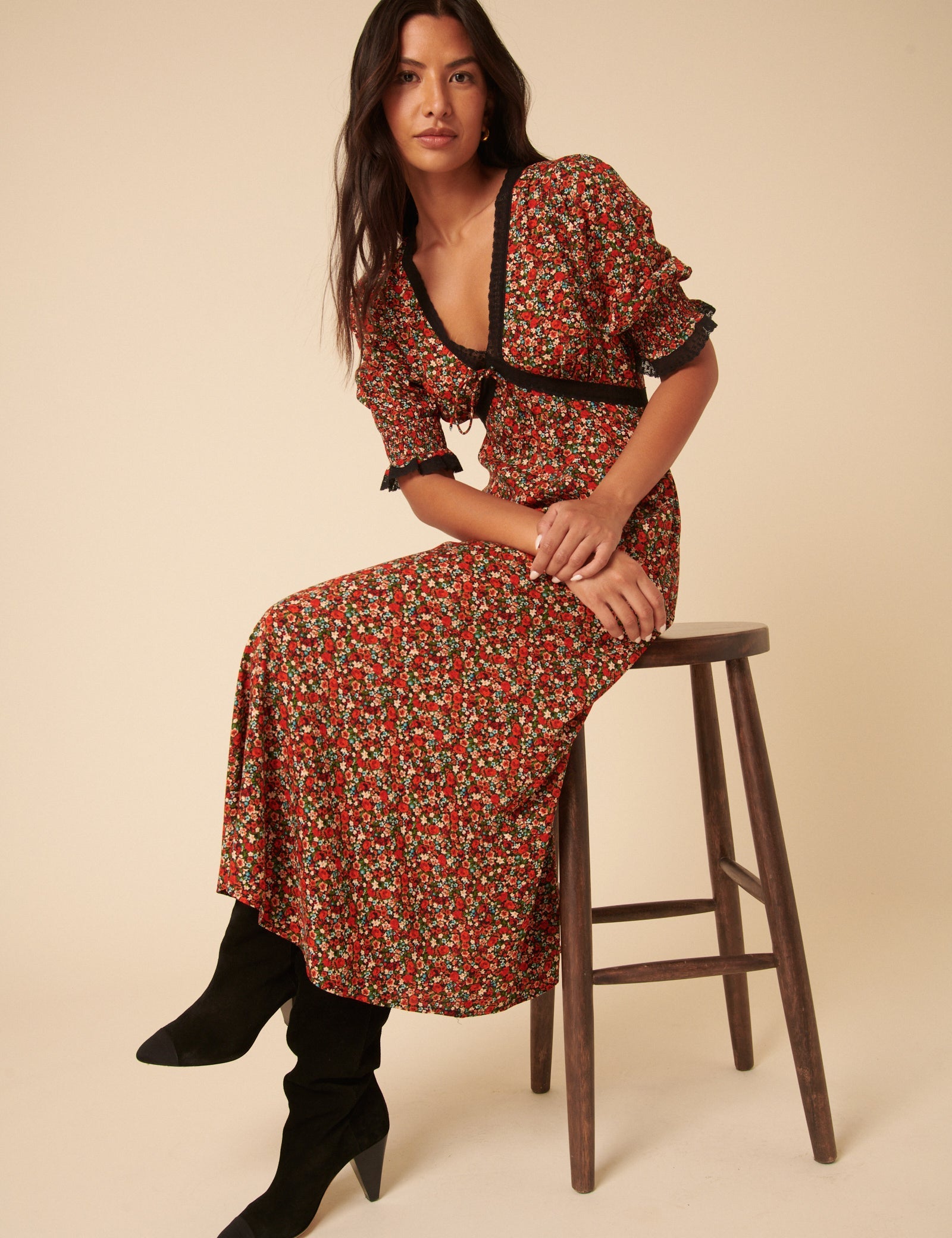 Red Ditsy Floral Sophia Midi Dress