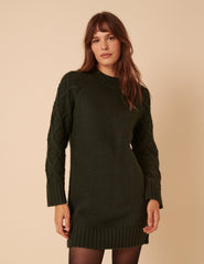 Khaki Cable Knit Jumper Mini Dress