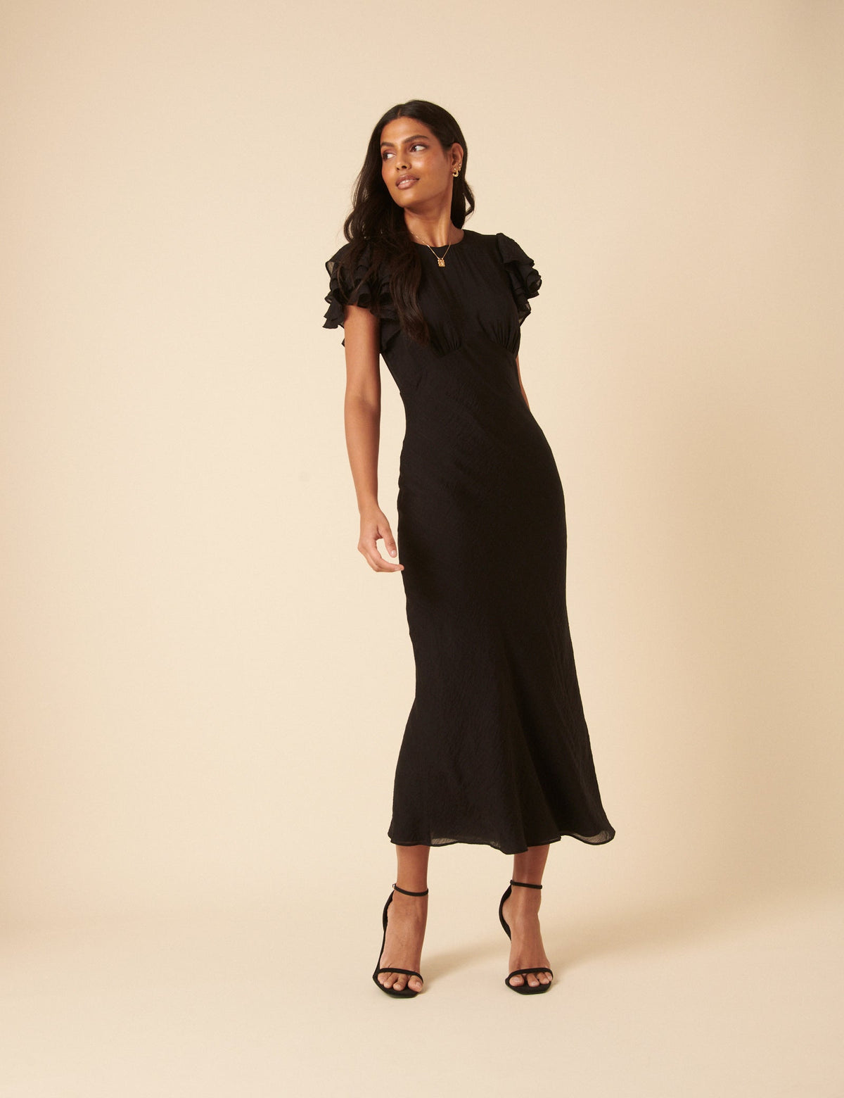 Black Frill Sleeve Lola Midi Dress