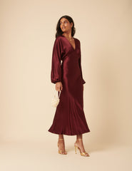 Burgundy Satin Allura Midi Dress