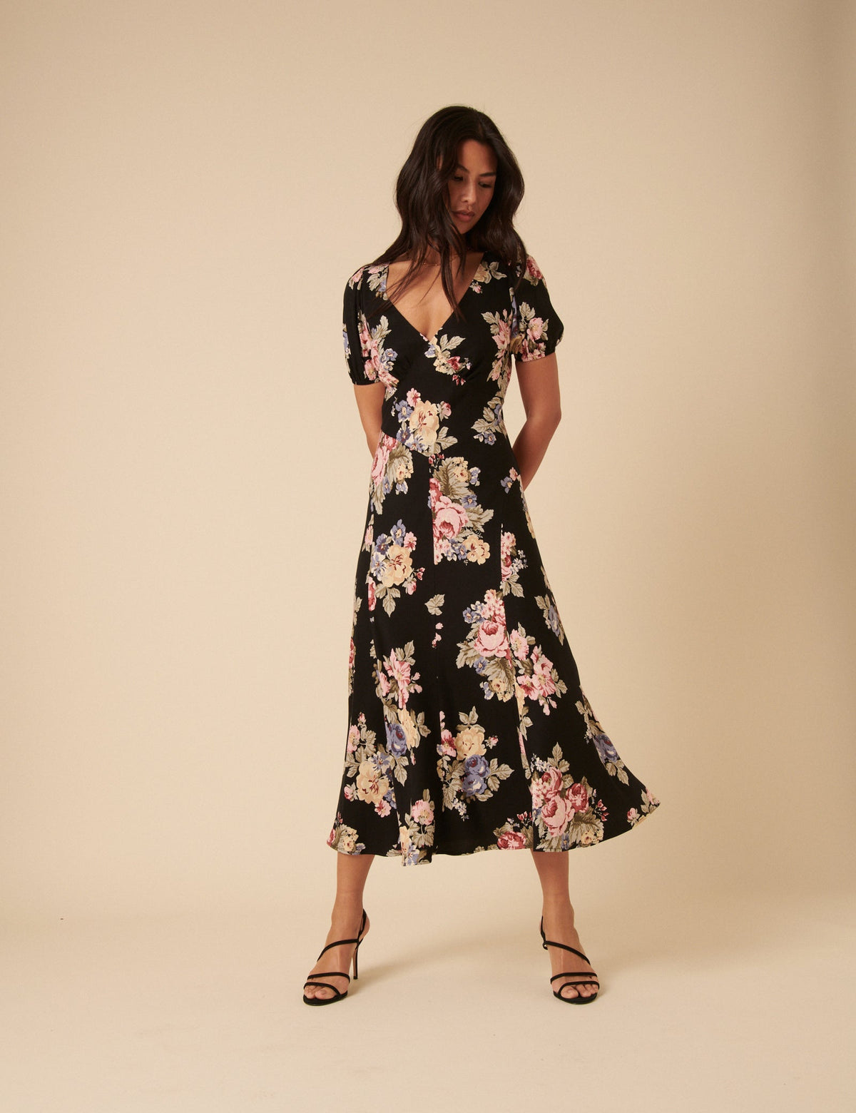 Black Floral Ella Midi Dress