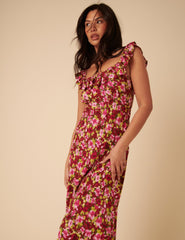 Red And Pink Floral Ruffle Trim Libby Midi Dress