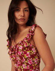Red And Pink Floral Ruffle Trim Libby Midi Dress