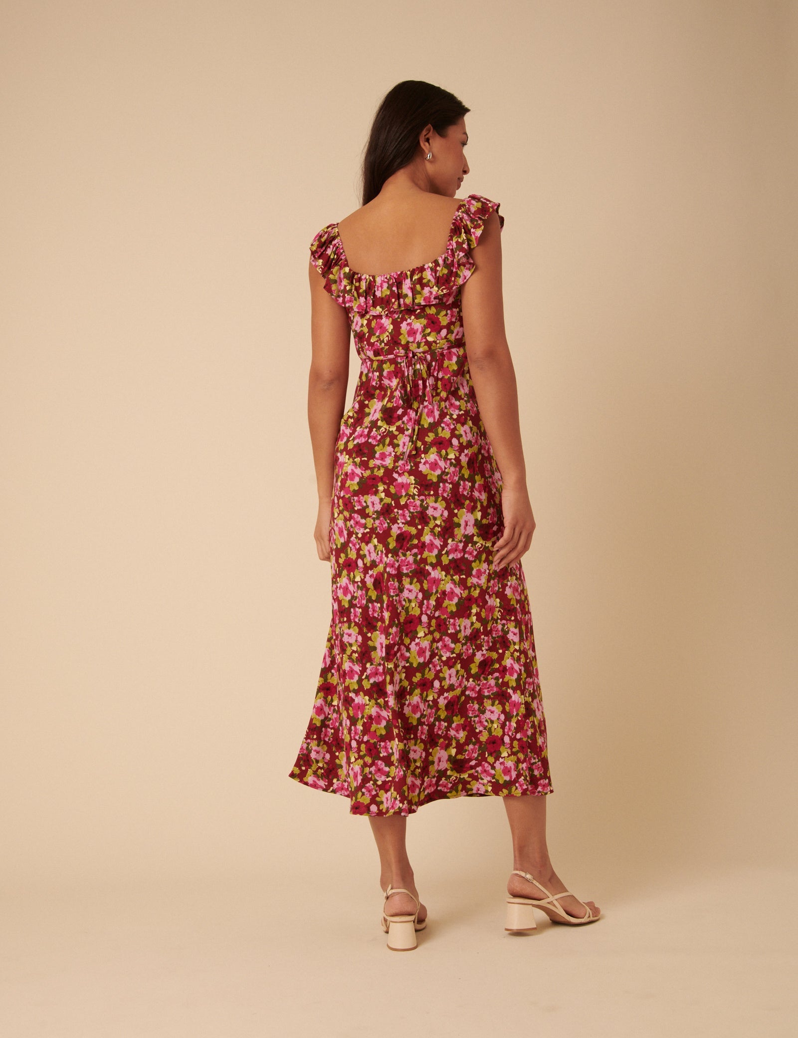 Red And Pink Floral Ruffle Trim Libby Midi Dress