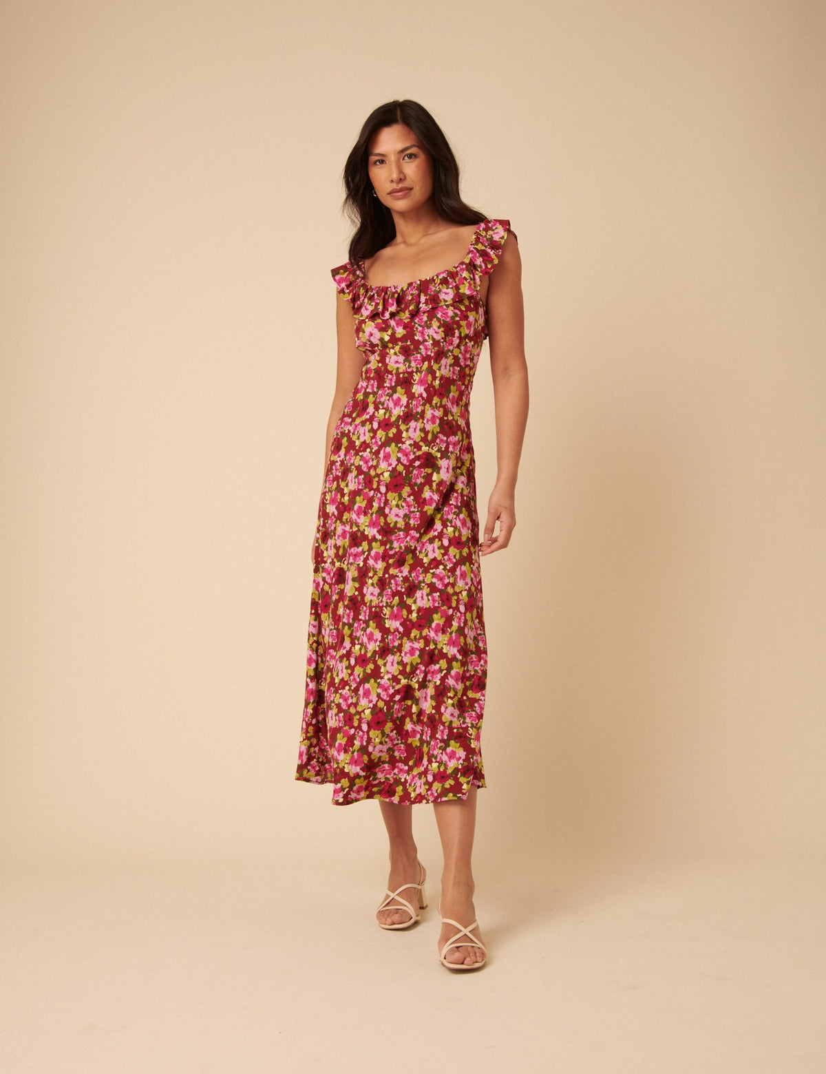 Red And Pink Floral Ruffle Trim Libby Midi Dress