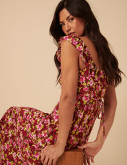 Red And Pink Floral Ruffle Trim Libby Midi Dress