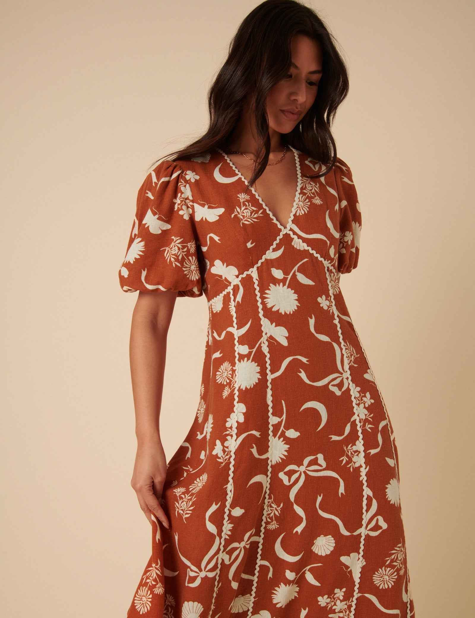 Burnt Orange Printed Linen-Blend Lucy Midi Dress
