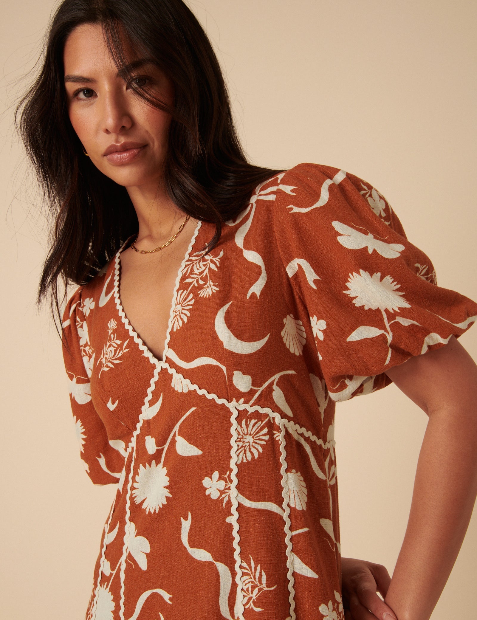 Burnt Orange Printed Linen-Blend Lucy Midi Dress