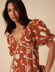 Burnt Orange Printed Linen-Blend Lucy Midi Dress