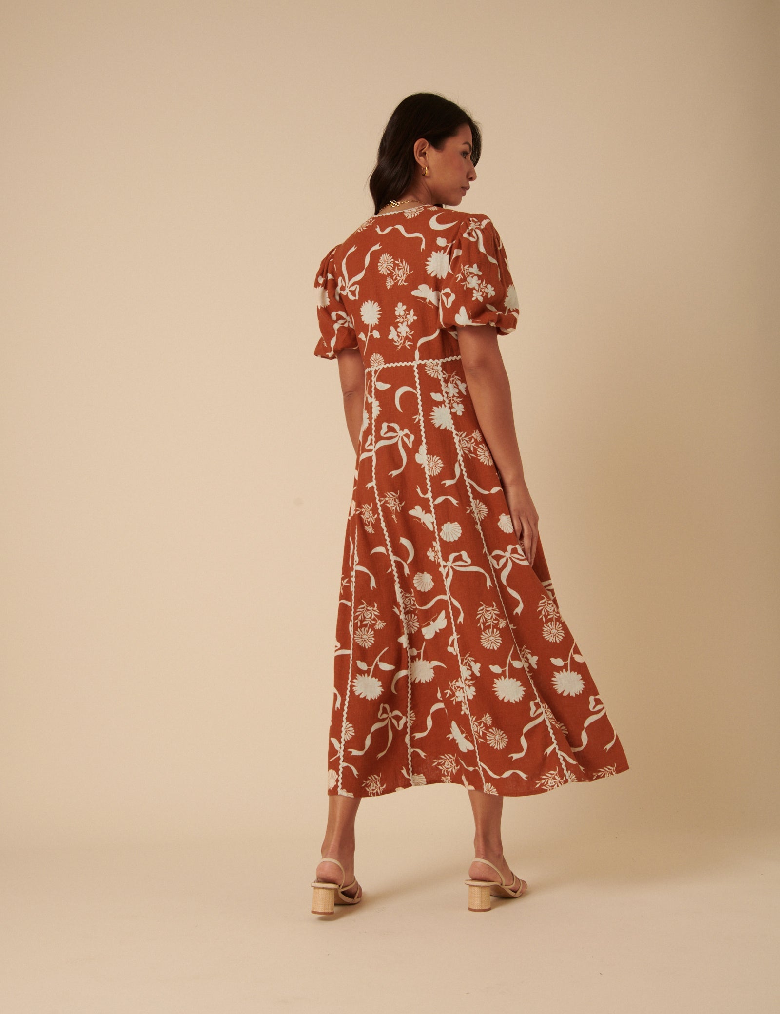 Burnt Orange Printed Linen-Blend Lucy Midi Dress