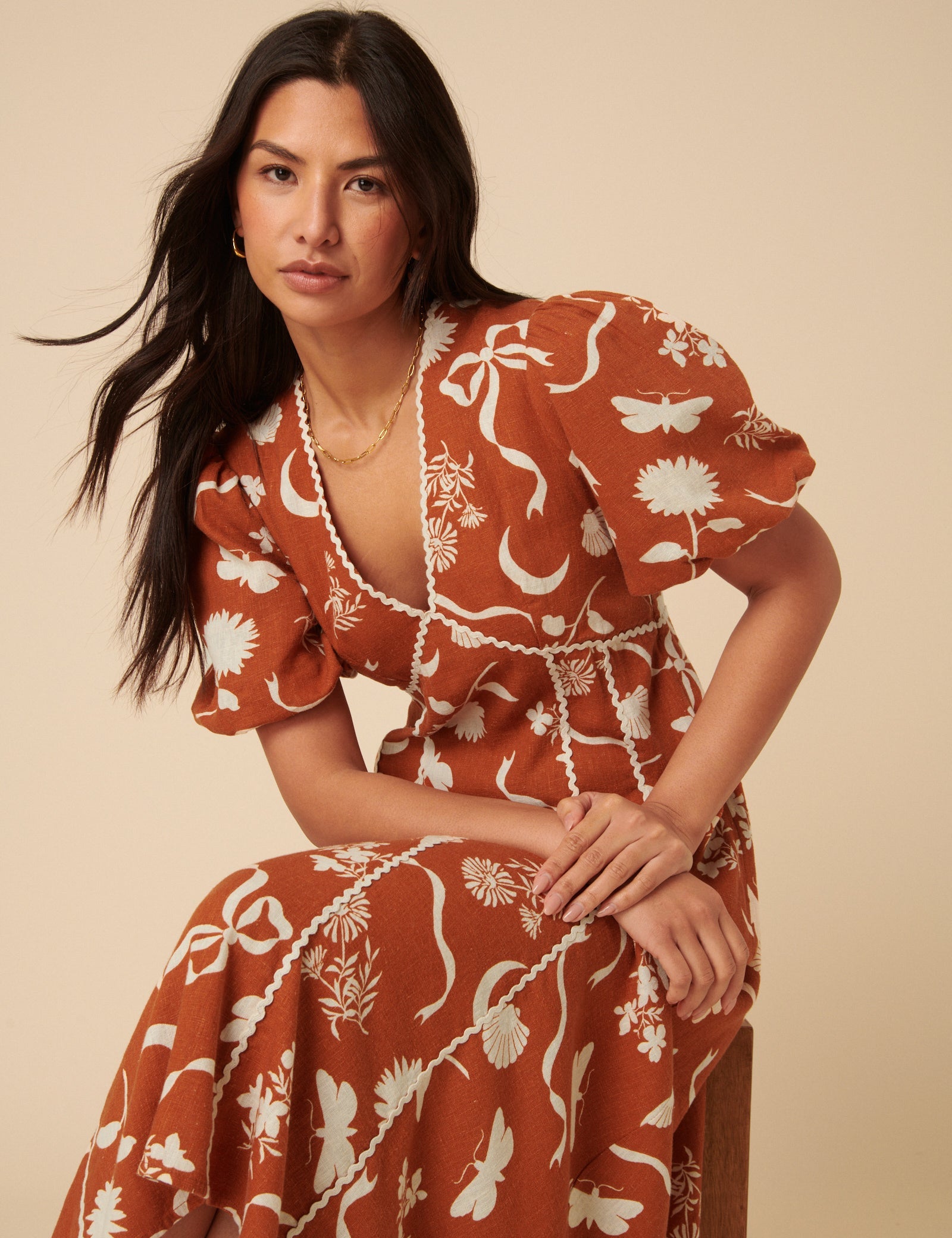 Burnt Orange Printed Linen-Blend Lucy Midi Dress