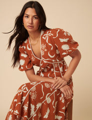 Burnt Orange Printed Linen-Blend Lucy Midi Dress