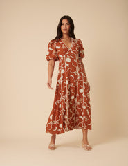 Burnt Orange Printed Linen-Blend Lucy Midi Dress