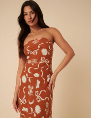 Brown Printed Linen-Blend Bandeau Evie Midi Dress