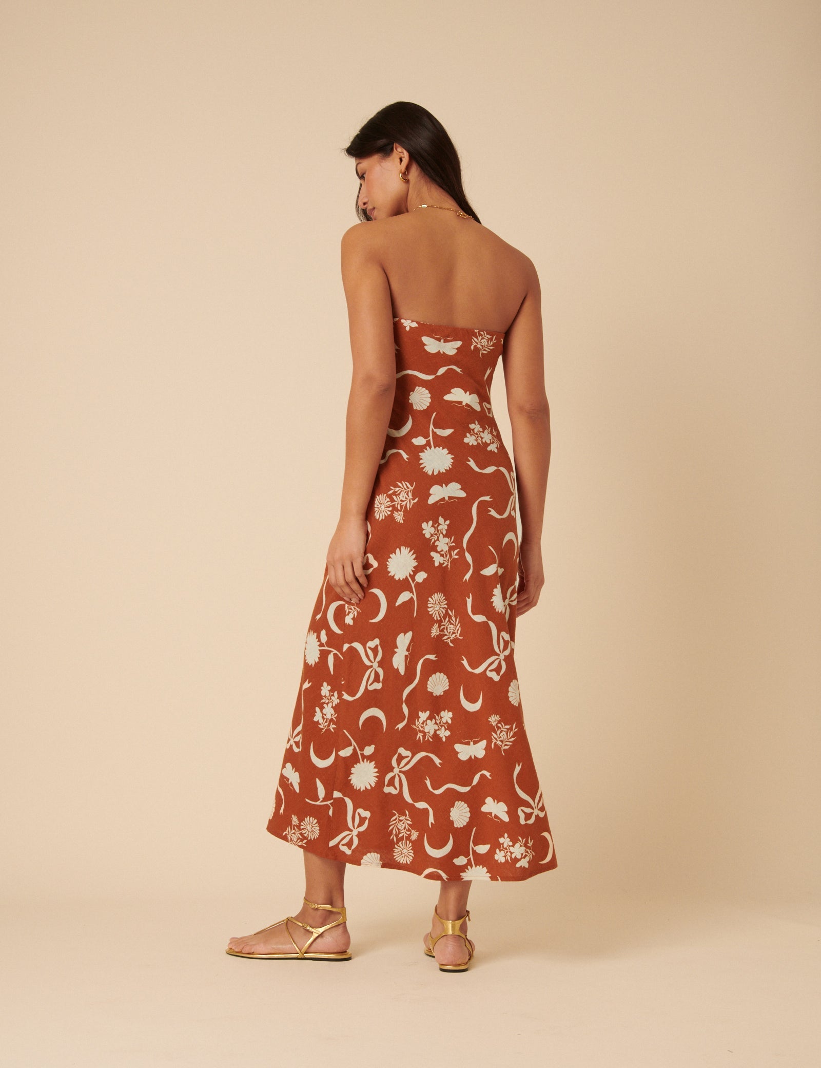 Brown Printed Linen-Blend Bandeau Evie Midi Dress