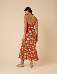 Brown Printed Linen-Blend Bandeau Evie Midi Dress