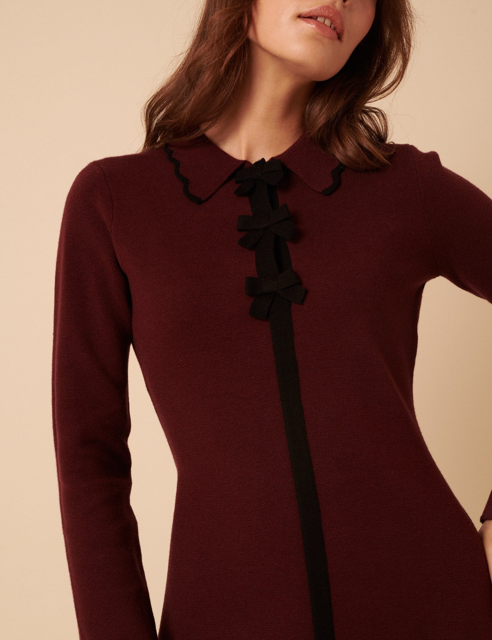 Burgundy Knitted Bow Front Mini Dress