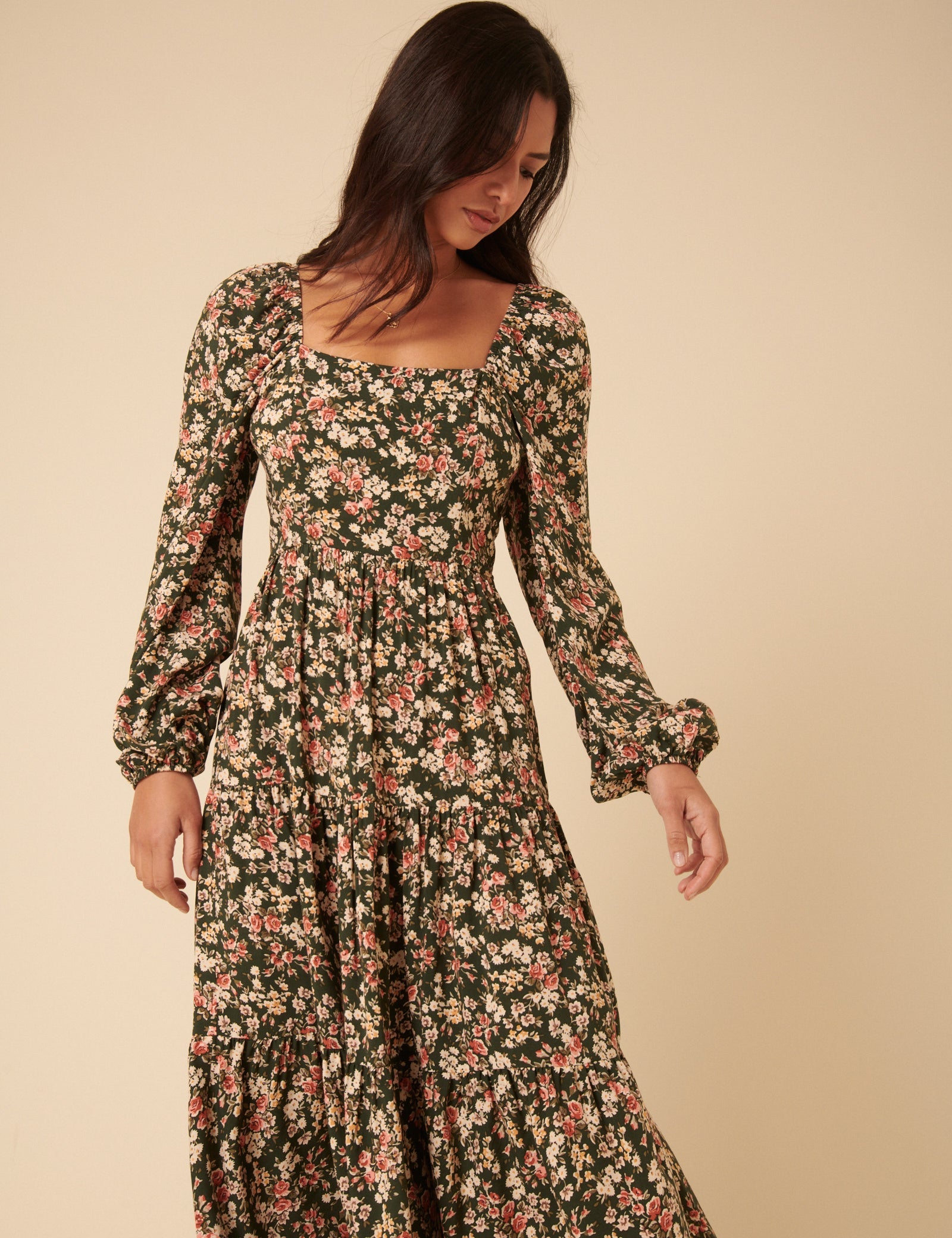 Black Floral Long Sleeve Maud Midi Dress