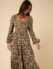 Black Floral Long Sleeve Maud Midi Dress