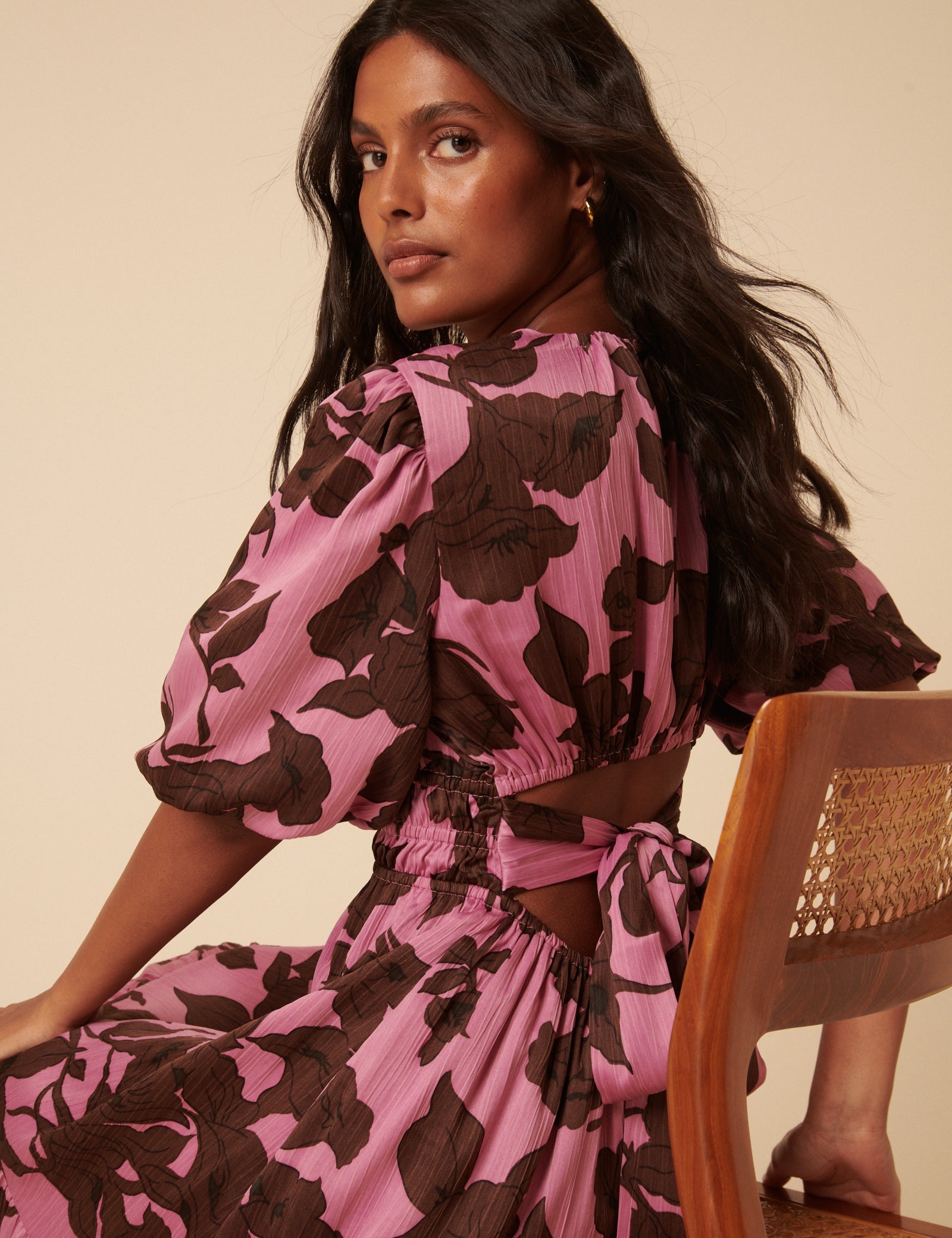 Pink Floral Puff Sleeve Zelda Midi Dress
