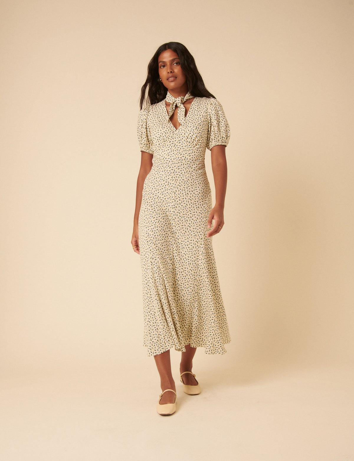 Cream Ditsy Floral Tie Neck Sadie Midi Dress