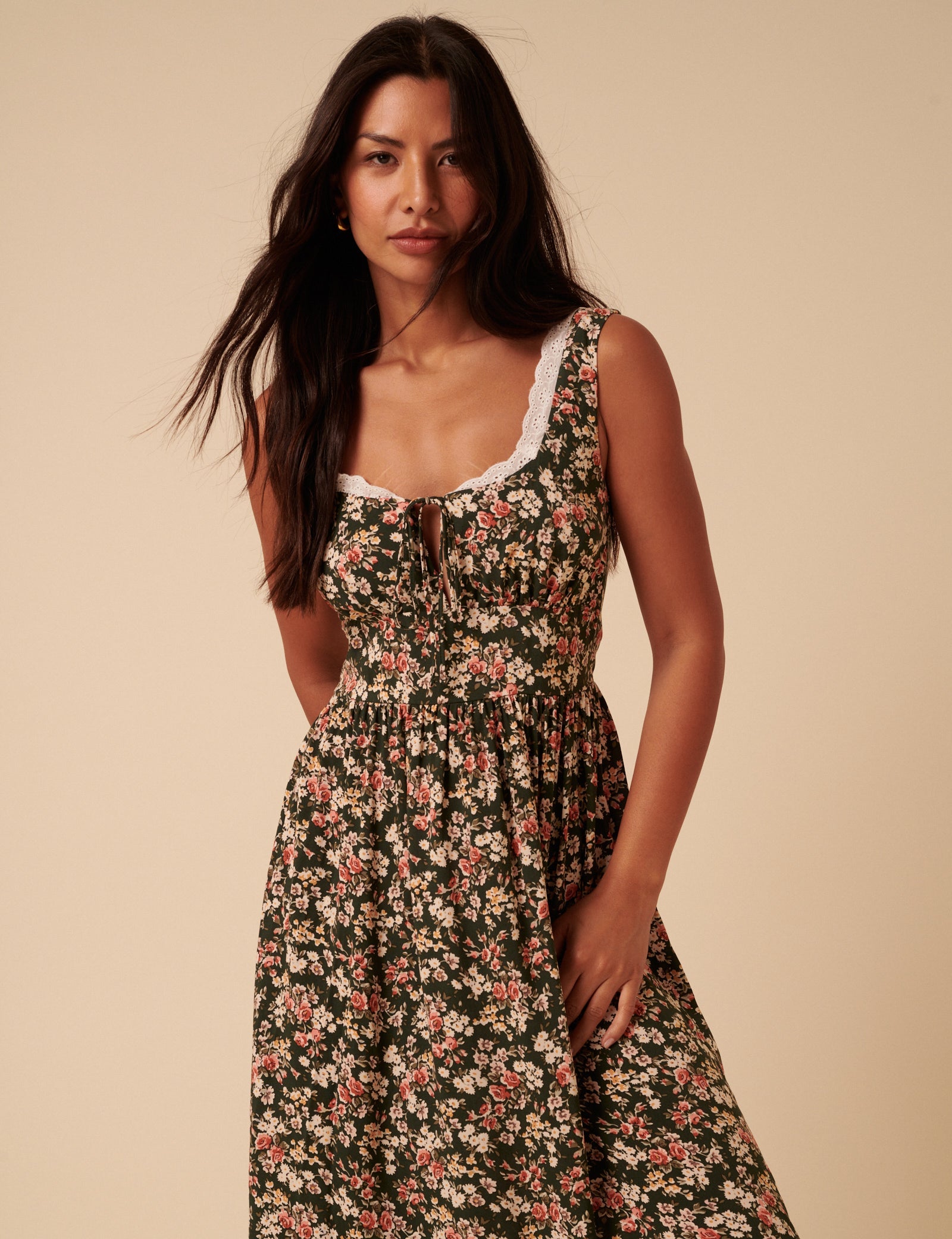 Green & Pink Floral Heather Midi Dress