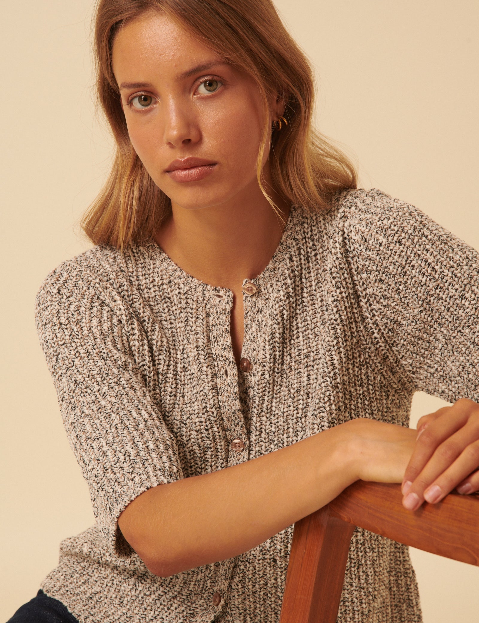 Brown Short Sleeve Knitted Cardigan