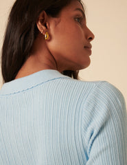 Blue Ribbed Polo Knitted Top