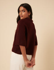 Burgundy Open Collar Polo Knitted T-Shirt