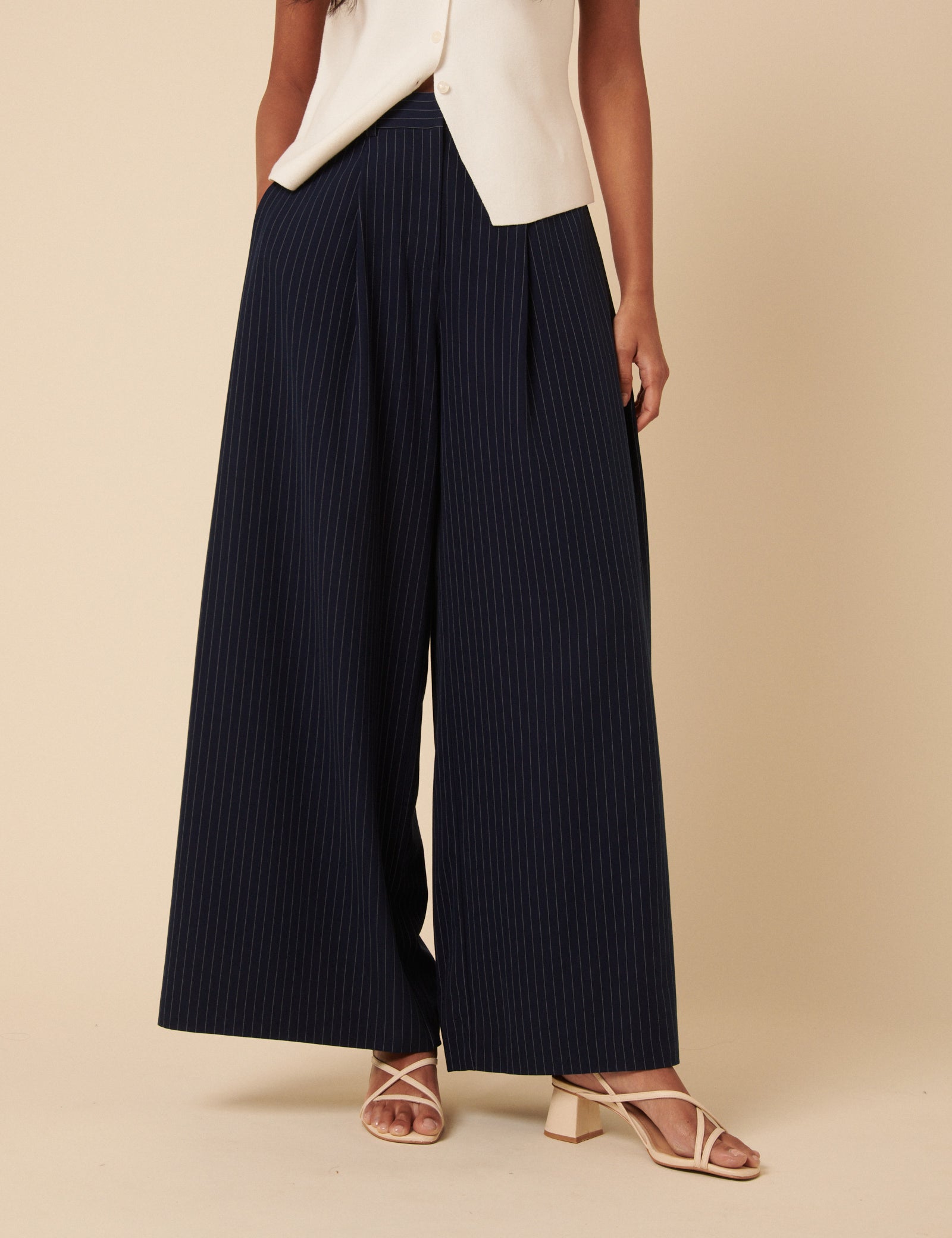 Poppy Delevingne Navy Pinstripe Cara Trousers
