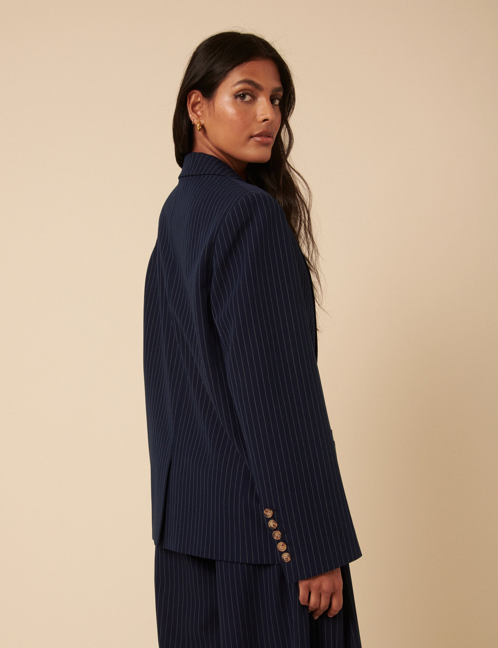 Poppy Delevingne Navy Pinstripe Cara Blazer
