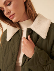 Khaki Quilted Borg Collar Jacket