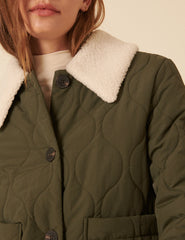 Khaki Quilted Borg Collar Jacket